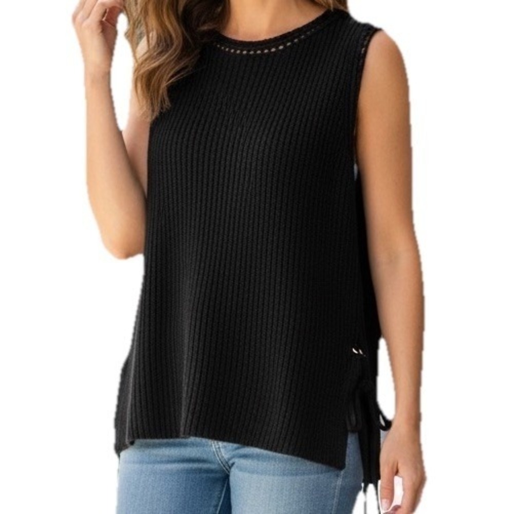 Ribbed Knit Tank Top Womens Medium Black Lace‎ Up Sides Cashmere Cupcakes New